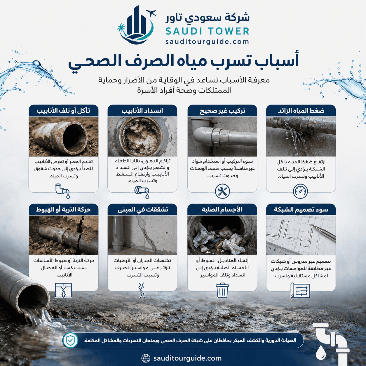 أسباب تسرب مياه الصرف الصحي