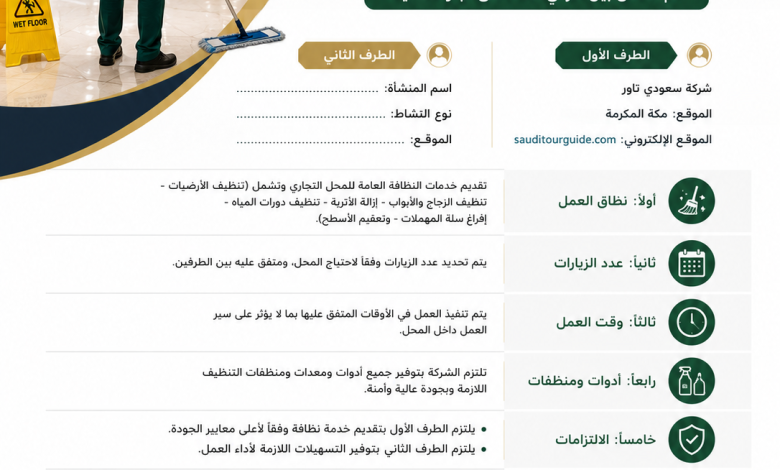 عقد نظافة محل تجاري مكة